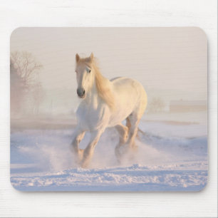 Beautiful White Stallion Running Through the Snow Mouse Pad