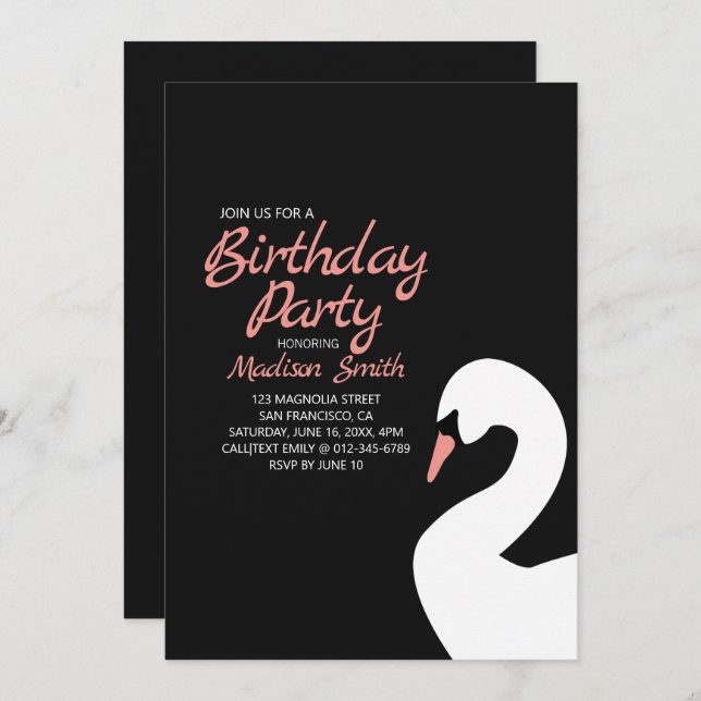 Beautiful White Swan Birthday Invitation (Front/Back)