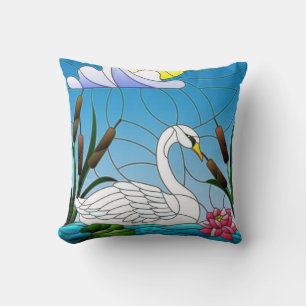 Beautiful White Swan Swims in Pond with Reed  Cushion