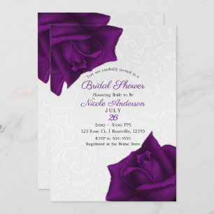 Beautiful White Texture Purple Roses Bridal Shower Invitation
