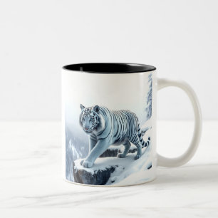 Beautiful White Tiger On Snow Covered Cliffs Two-Tone Coffee Mug