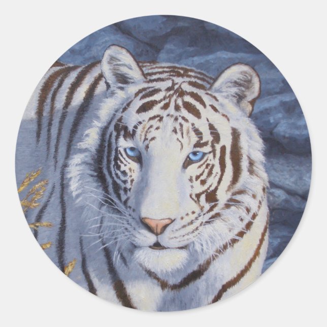 Beautiful White Tiger with Crystal Blue Eyes Classic Round Sticker (Front)