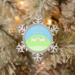 Beautiful White Wedding Horses Custom Snowflake Pewter Christmas Ornament