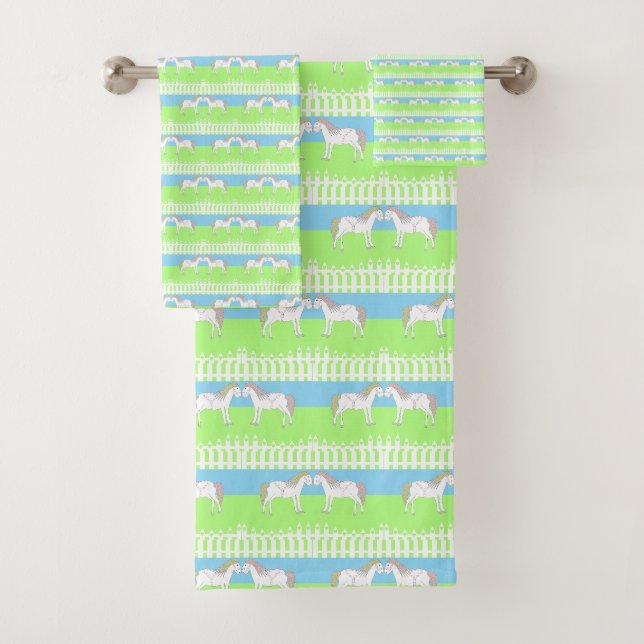 Beautiful White Wedding Horses Patterned Bath Towel Set (Insitu)