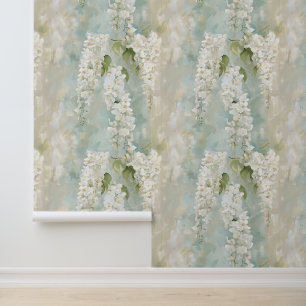 Beautiful white wisteria on blue wallpaper