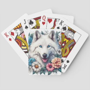 Beautiful White Wolf and Flowers Playing Cards