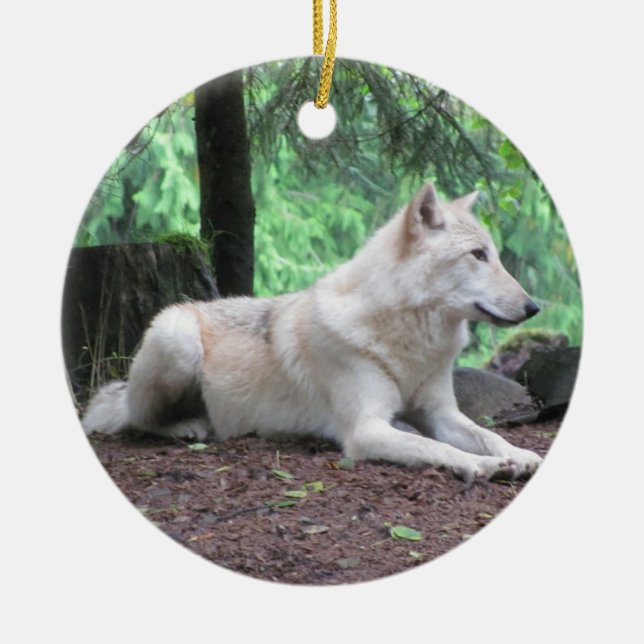 Beautiful White Wolf Ceramic Tree Decoration (Front)