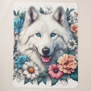Beautiful White Wolf Dog with Flowers Sherpa Blanket