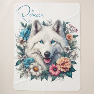 Beautiful White Wolf Dog with Flowers Sherpa Blanket
