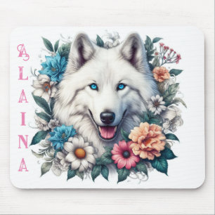 Beautiful White Wolf with Flowers  Mouse Pad