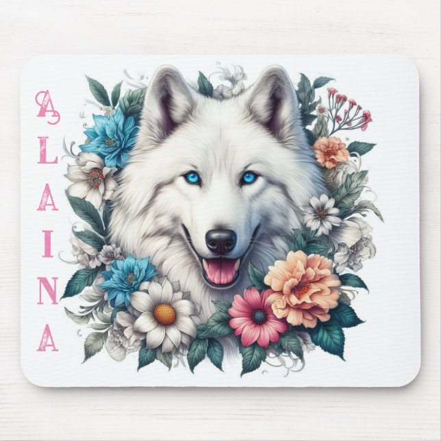 Beautiful White Wolf with Flowers  Mouse Pad (Front)