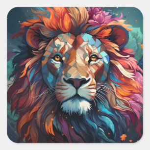 Beautiful Wild Animal Portrait Colourful Lion Head Square Sticker