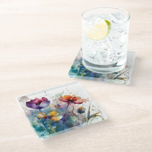 Beautiful wild coloured garden flowers watercolor glass coaster