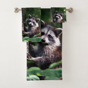 Beautiful Wild Racoon on the Forest Bath Towel Set