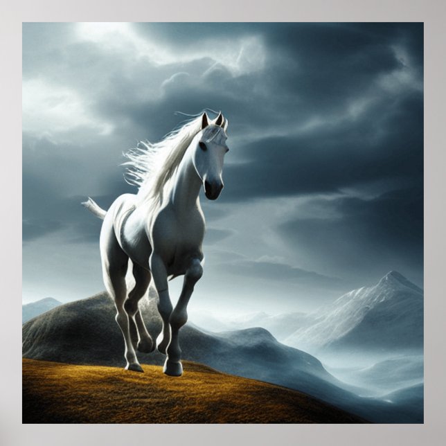 Beautiful wild white horse in the mountains poster (Front)