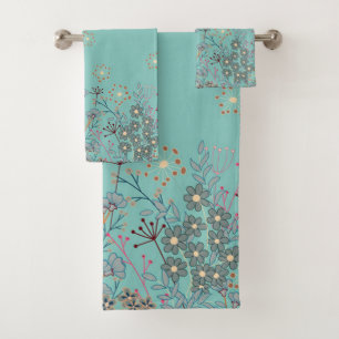 Beautiful Wildflower Border on Blue Background Bath Towel Set