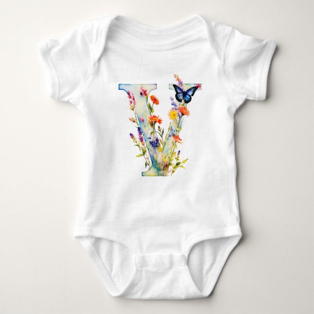 Beautiful Wildflower Butterfly Monogram Baby Bodysuit (Front)