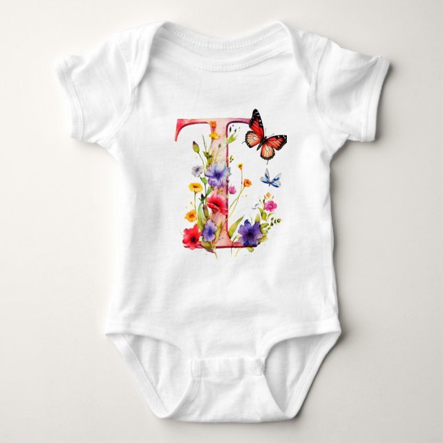 Beautiful Wildflower Butterfly Monogram Baby Bodysuit (Front)