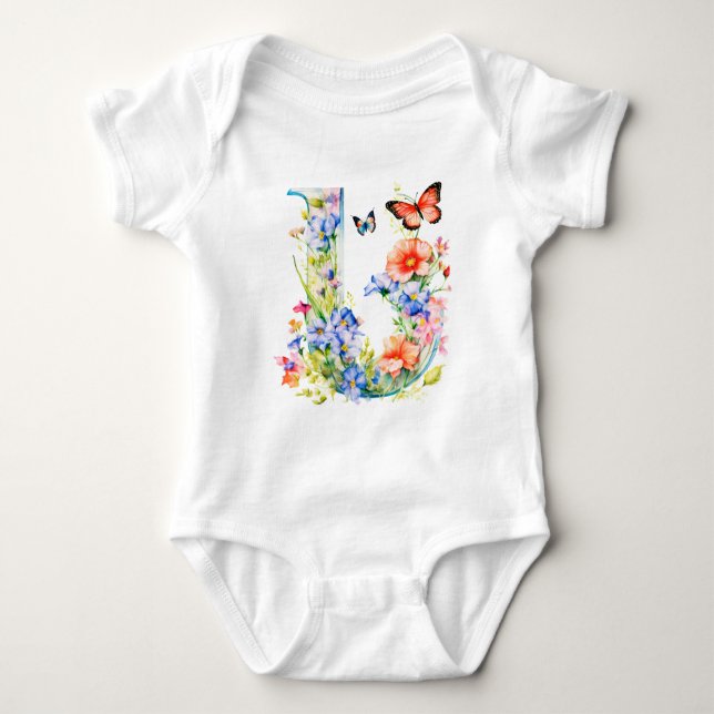 Beautiful Wildflower Butterfly Monogram Baby Bodysuit (Front)