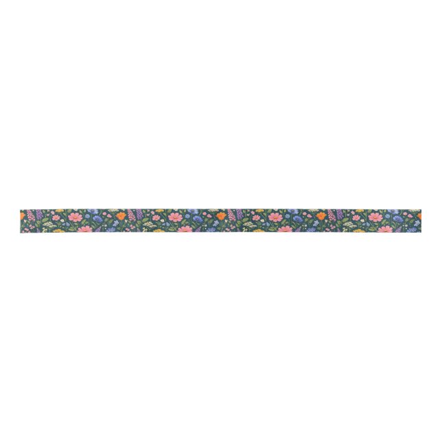 Beautiful Wildflower Garden on Dark Teal Satin Ribbon (Front)