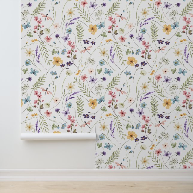 Beautiful Wildflowers Dragonflies Floral Wallpaper (Application)