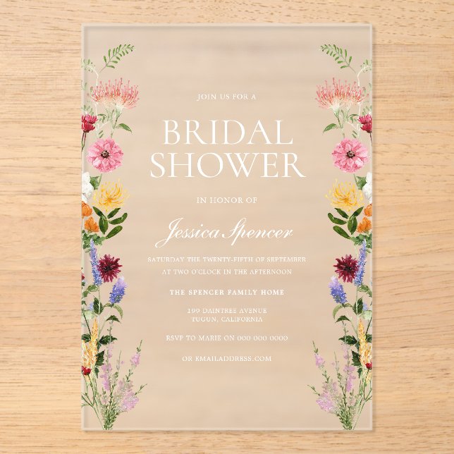 Beautiful Wildflowers Summer Spring Bridal Shower Acrylic Invitations (Front)