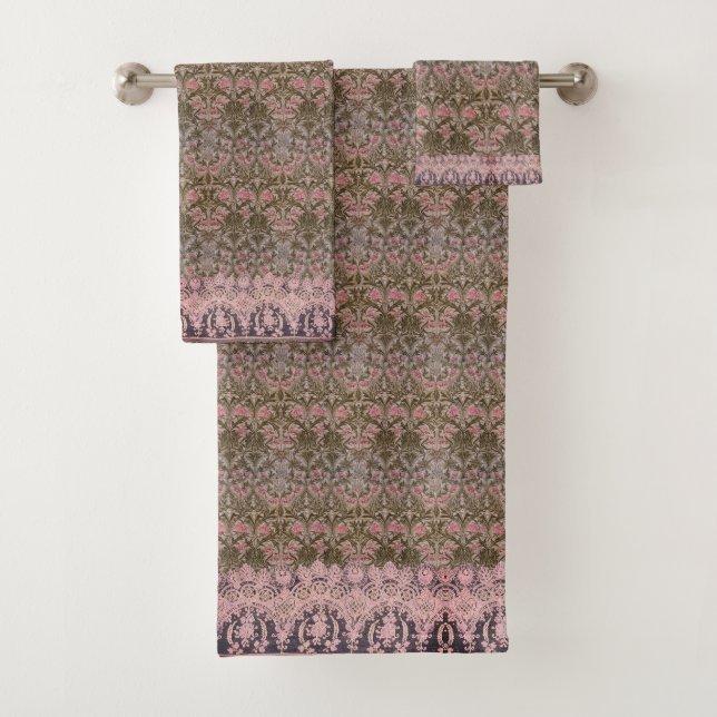 Beautiful William Morris Floral Lined in Pink Lace Bath Towel Set (Insitu)