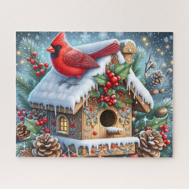 Beautiful Winter Cardinal Bird With Birdhouse Jigsaw Puzzle (Horizontal)