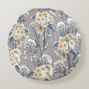 Beautiful winter flower blooming in the snow delic round cushion
