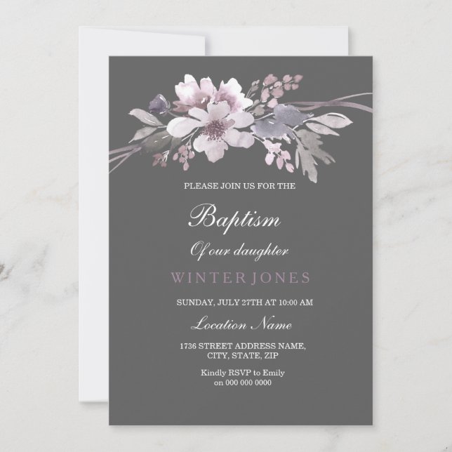 Beautiful Winter Grey Floral Baptism Invitation (Front)