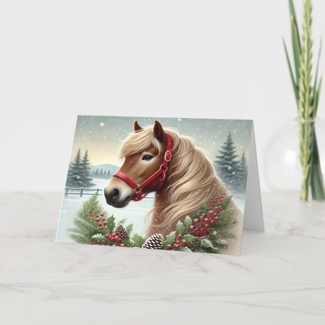 Beautiful Winter Horse with Wreath Holiday Card (Front)