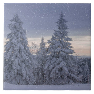 Beautiful Winter Landscape as it's Snowing Ceramic Tile