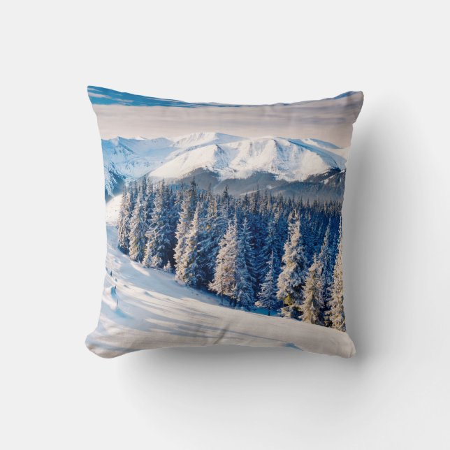 Beautiful winter landscape with snow covered trees cushion (Front)