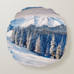 Beautiful winter landscape with snow covered trees round cushion