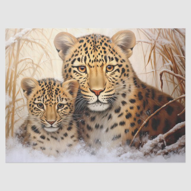 Beautiful Winter Leopards Decoupage Tissue Paper (Front)