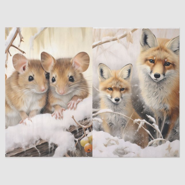 Beautiful Winter Mice & Fox Decoupage Tissue Paper (Front)
