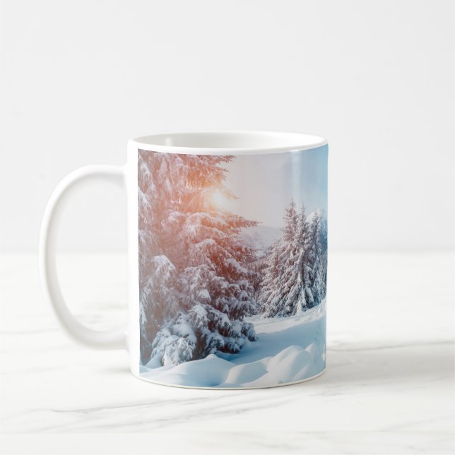 Beautiful winter nature landscape, amazing mountai coffee mug (Left)