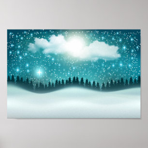 Beautiful winter night forest landscape poster