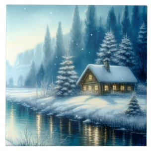Beautiful Winter River Landscape Ceramic Tile