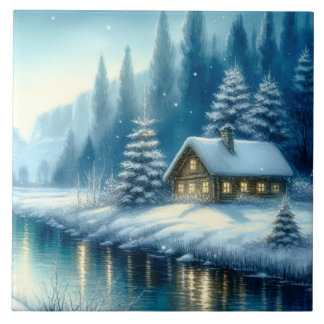 Beautiful Winter River Landscape Ceramic Tile