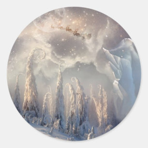 Beautiful Winter Santa Flying Christmas Scene Classic Round Sticker