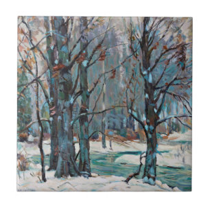 Beautiful Winter Snow Scene with Blues and Greys Ceramic Tile