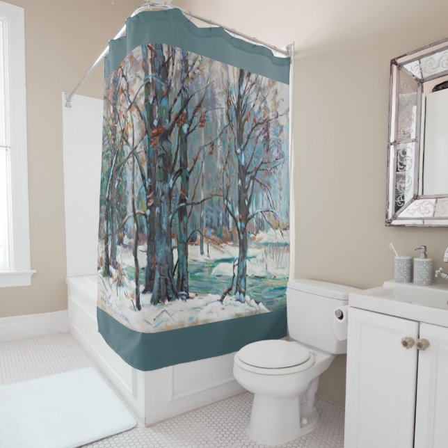 Beautiful Winter Snow Scene with Blues and Greys Shower Curtain (In Situ)