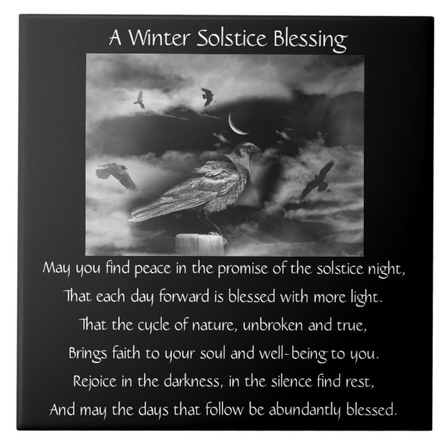 Beautiful Winter Solstice Ravens and Crescent Moon Ceramic Tile (Front)