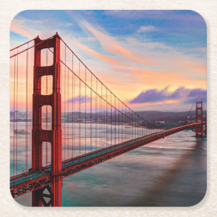 Beautiful winter sunset at Golden Gate Bridge Square Paper Coaster