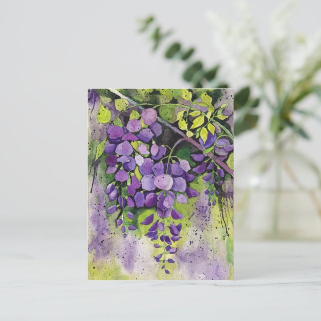 Beautiful Wisteria Flowers In Watercolor  Postcard (Standing Front)