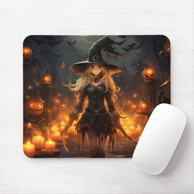 Beautiful Witch Halloween Night Pumpkins Mouse Pad (With Mouse)