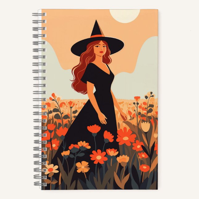 beautiful witch in flowers fields colorful illustr notebook (Front)