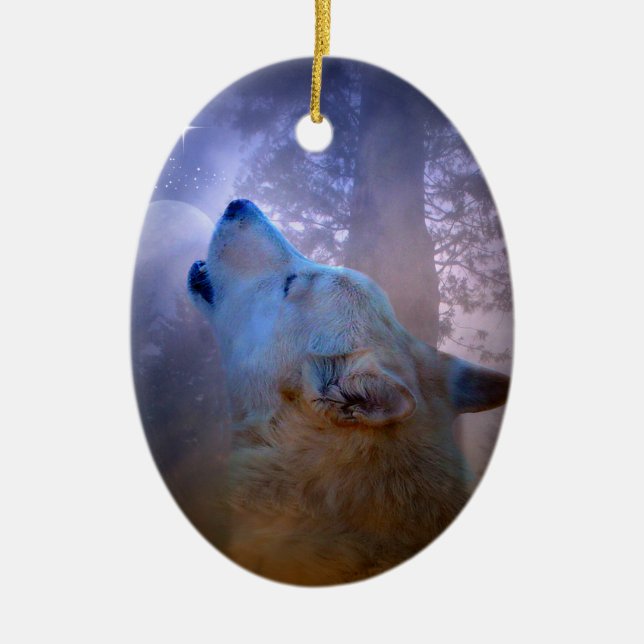 Beautiful Wolf and Moon Xmas Ornament (Front)