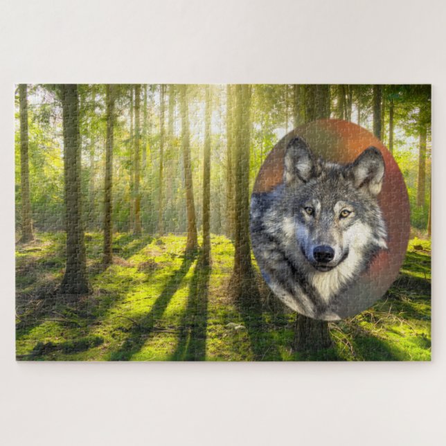 Beautiful Wolf And Sunrise Forest Jigsaw Puzzle (Horizontal)